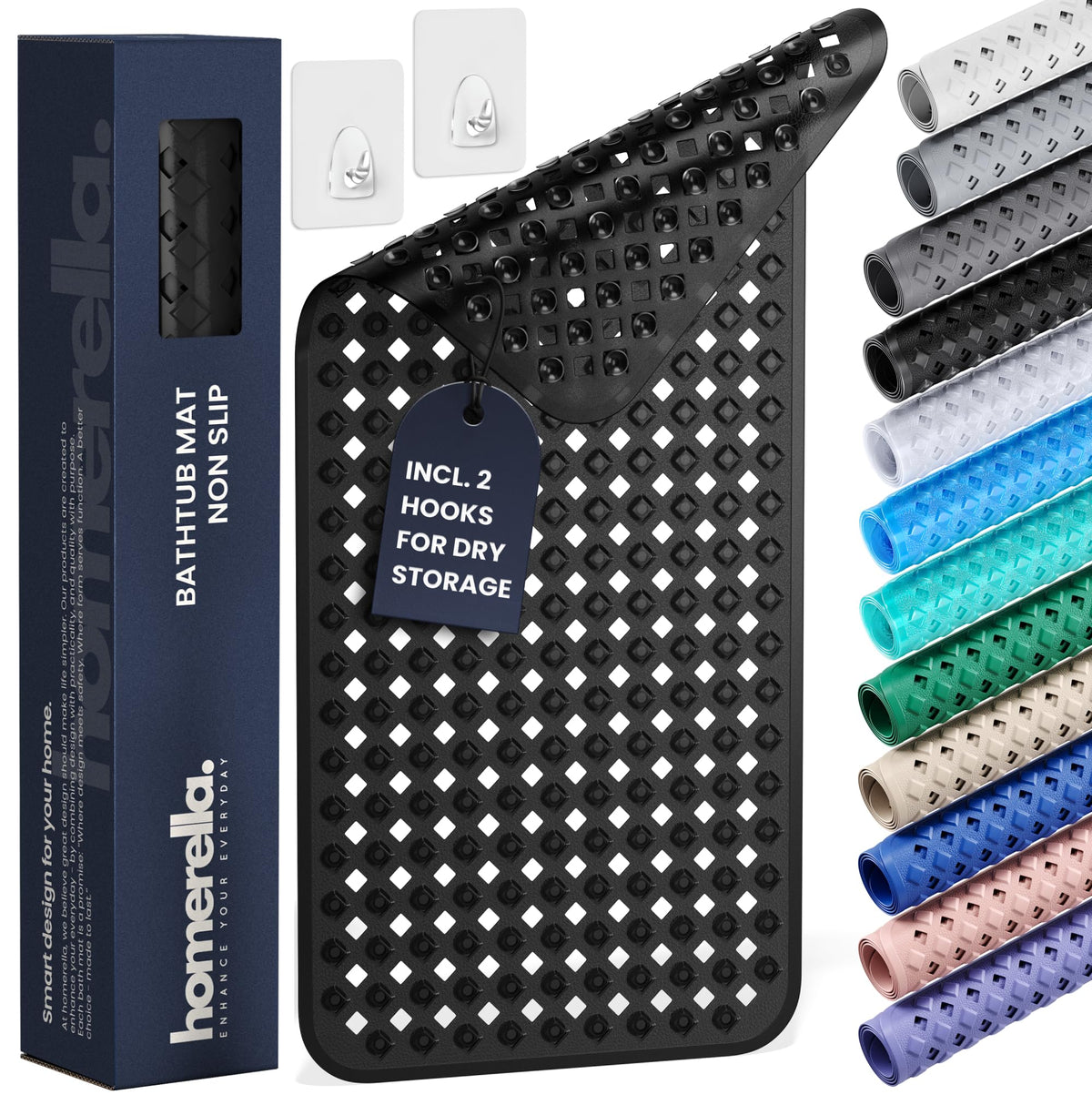 Homerella Bath Mat with suction cups ensures secure grip on wet surfaces.