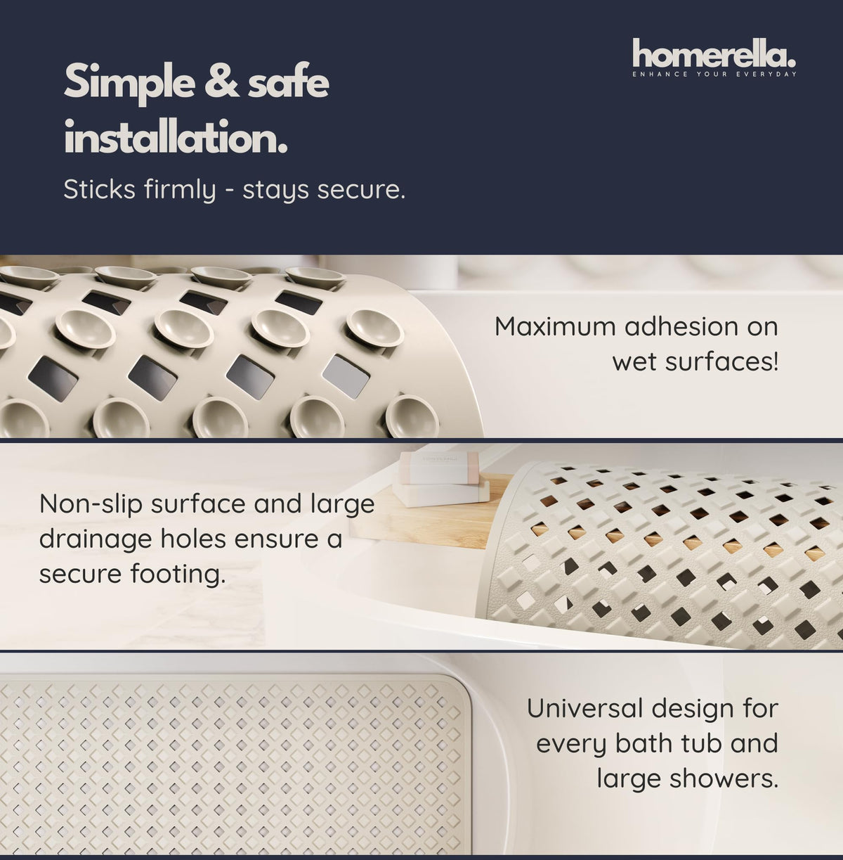 Homerella bathtub mat is machine washable for easy cleaning.