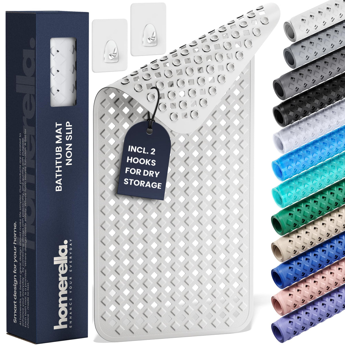 Homerella bathtub mat non-slip 35x16 provides secure grip in the tub.