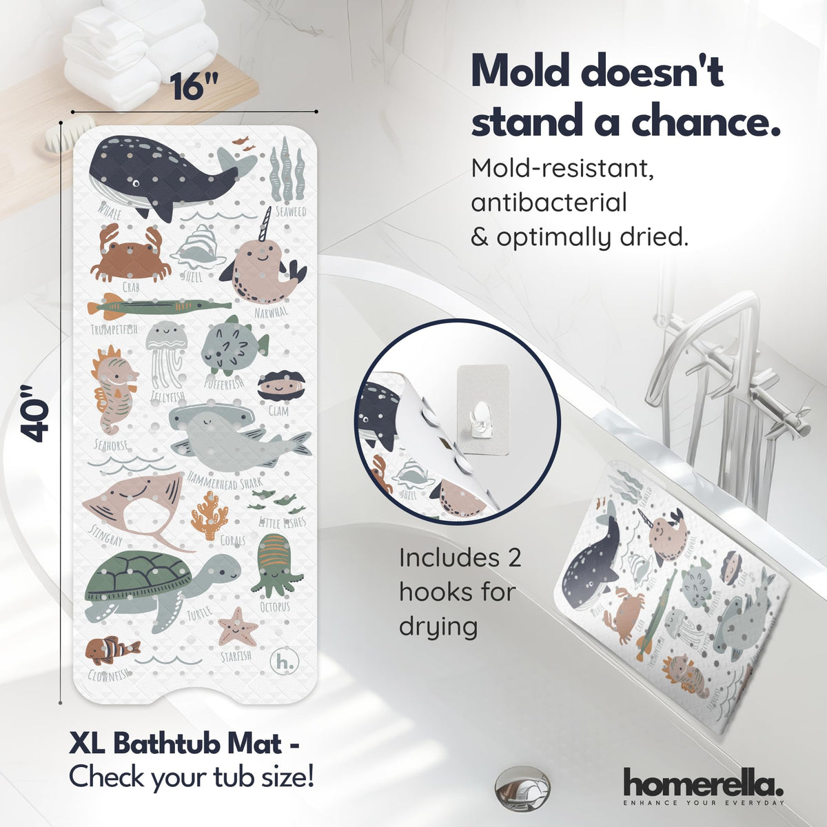 Homerella bath mat shows two included hooks for drying