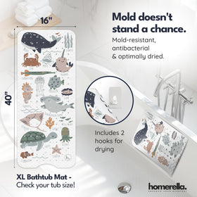 Homerella bath mat shows two included hooks for drying
