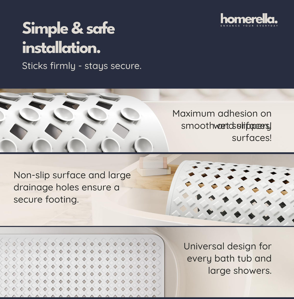 Homerella machine-washable shower mat easy to clean and maintain.