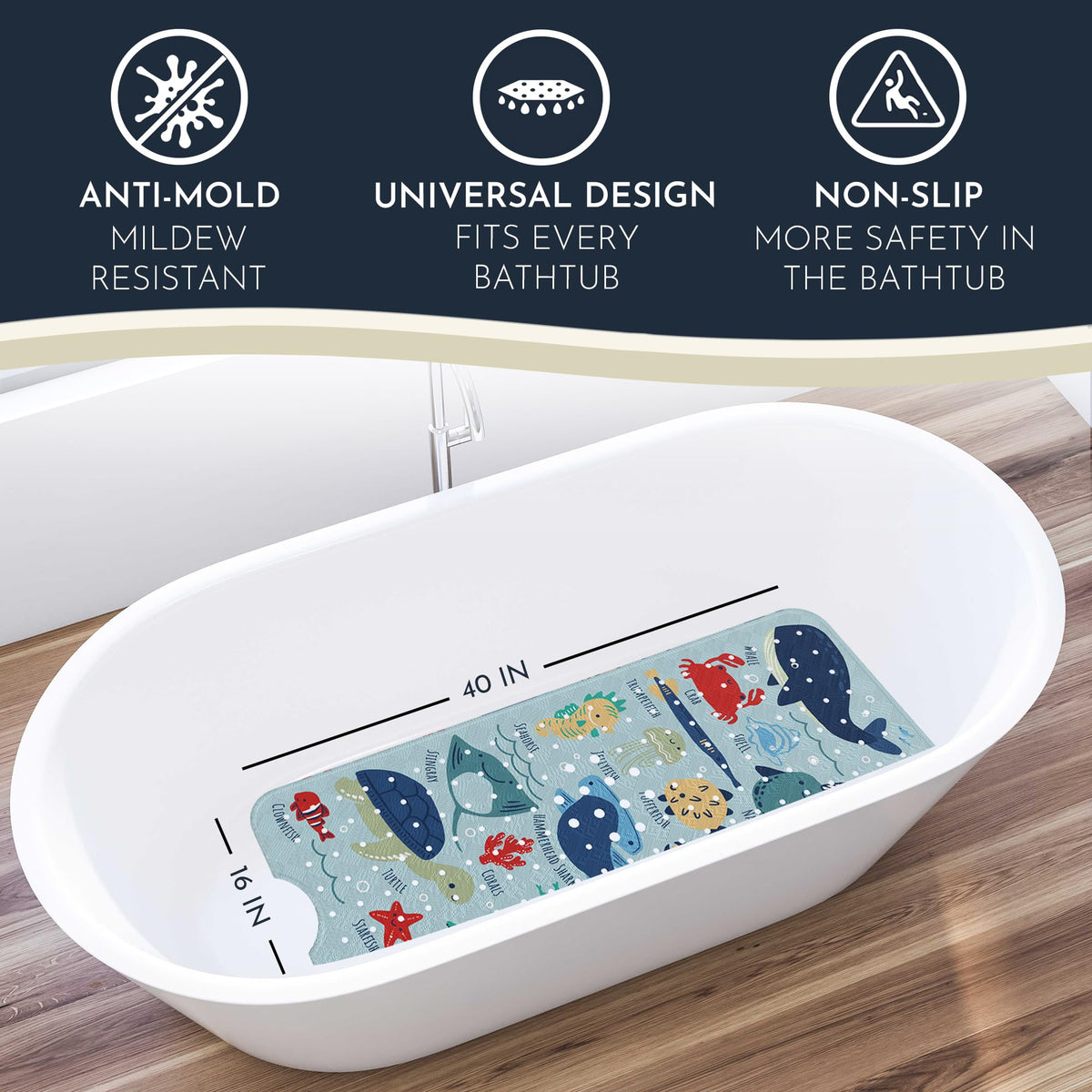 Homerella non-slip bath mat with 200+ suction cups for secure adhesion