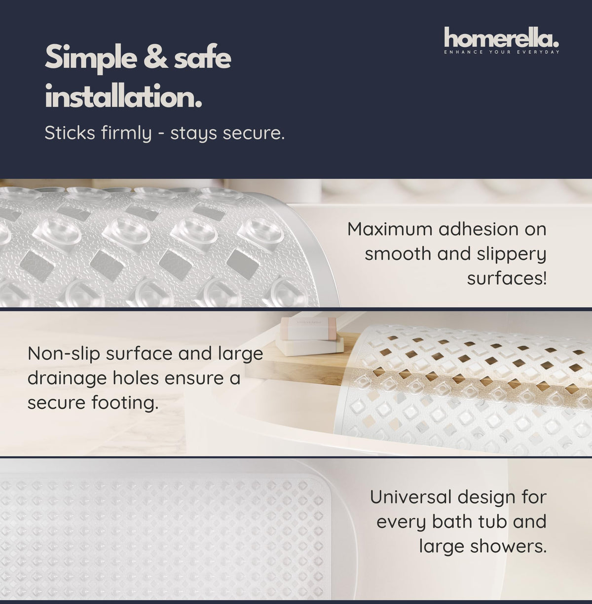 Homerella non-slip bath mat designed for machine washing and easy maintenance.