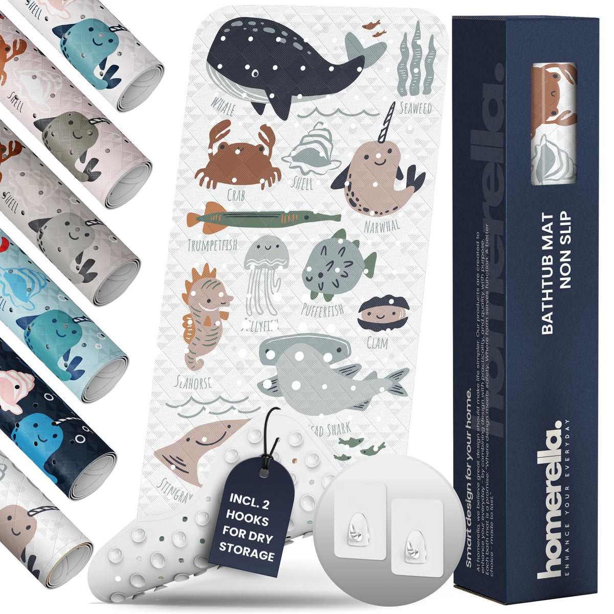 Homerella ocean animals bath mat with 200+ suction cups for secure grip