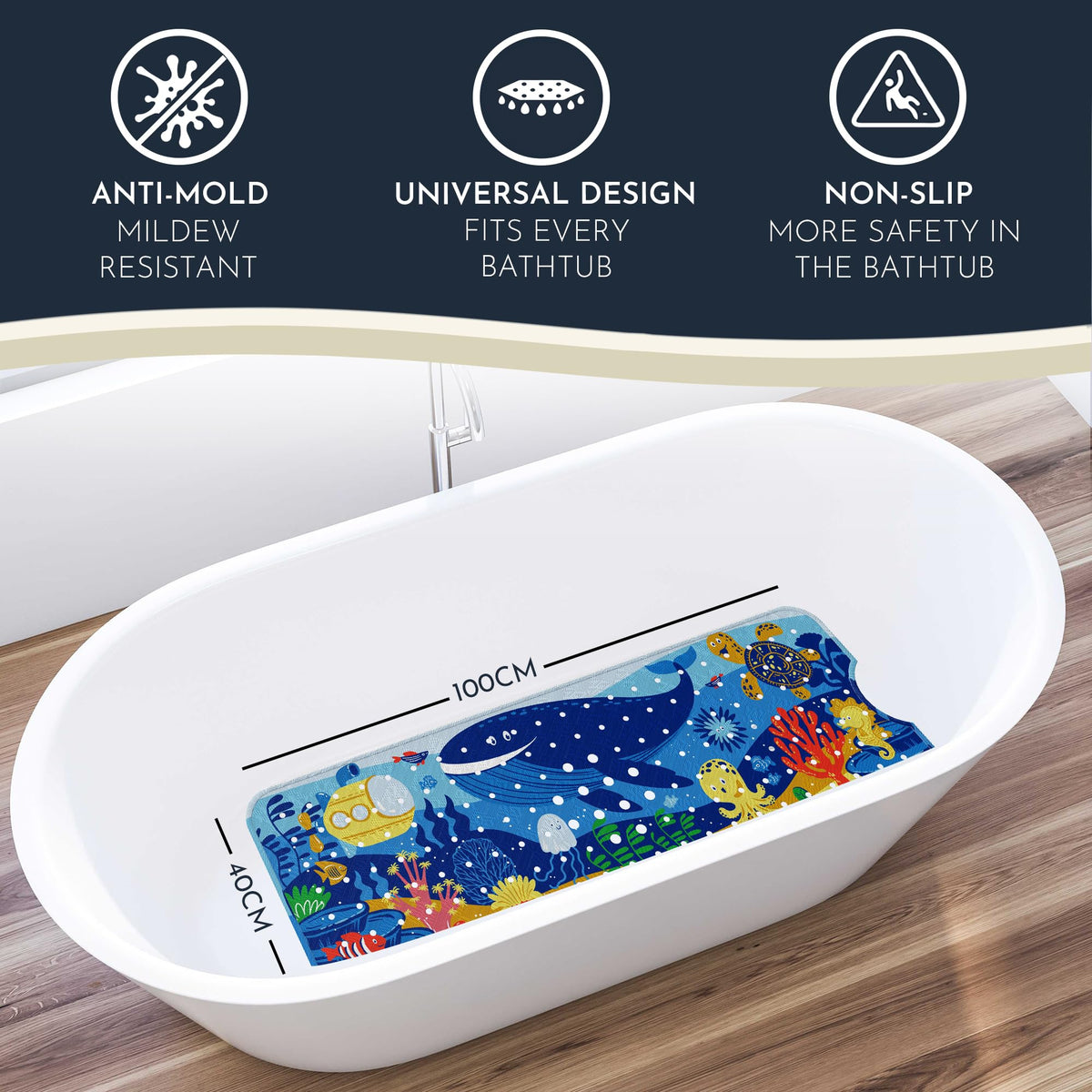 Homerella bath mat with hooks for quick air-drying after baths.