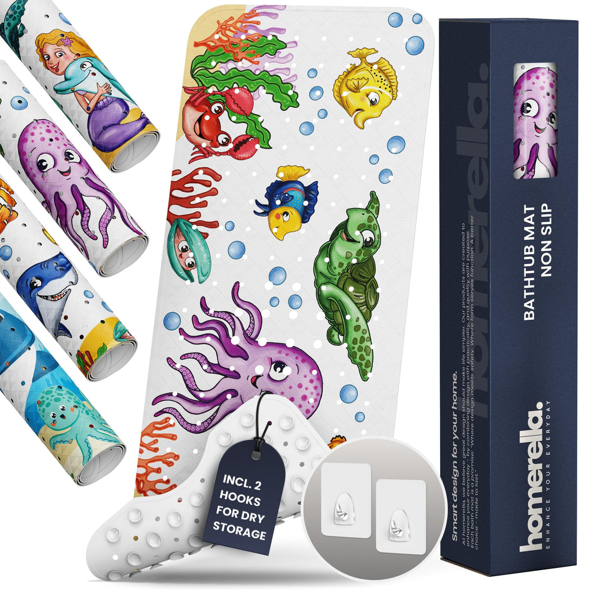 Homerella Ocean Sea Animals bath mat with vibrant creatures for safer bath play.
