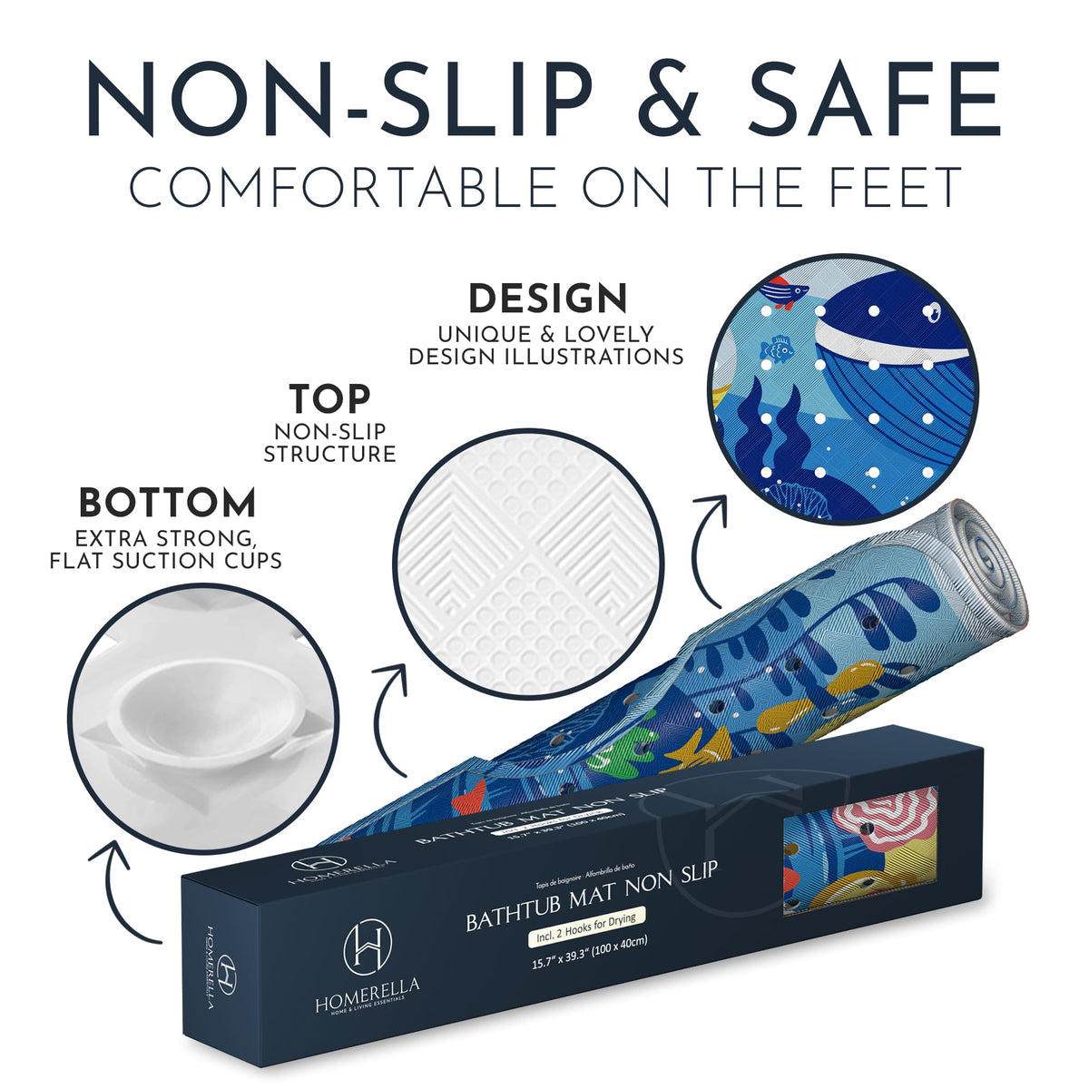 Homerella bath mat features drainage holes to reduce moisture buildup.