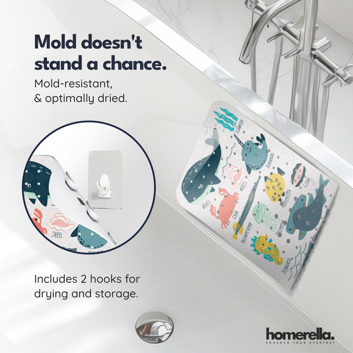 Homerella Ocean Sea Animals mat includes two hooks for air-drying after baths.