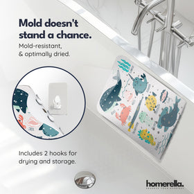 Homerella Ocean Sea Animals mat includes two hooks for air-drying after baths.