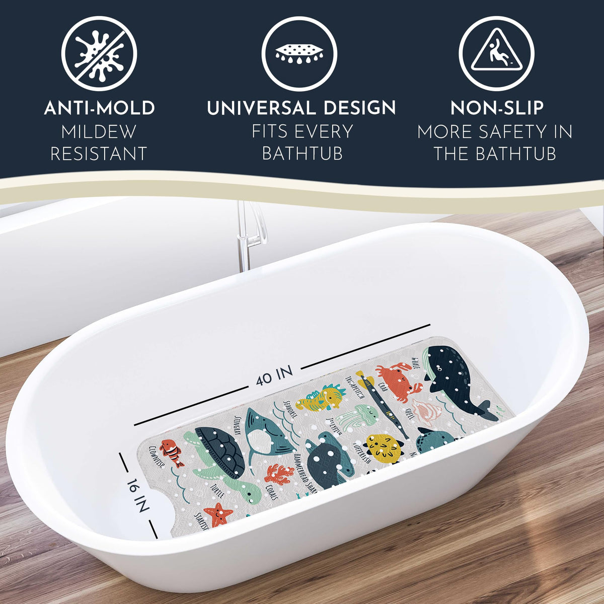 Homerella Ocean Sea Animals mat with 200 suction cups for stability on smooth tubs.
