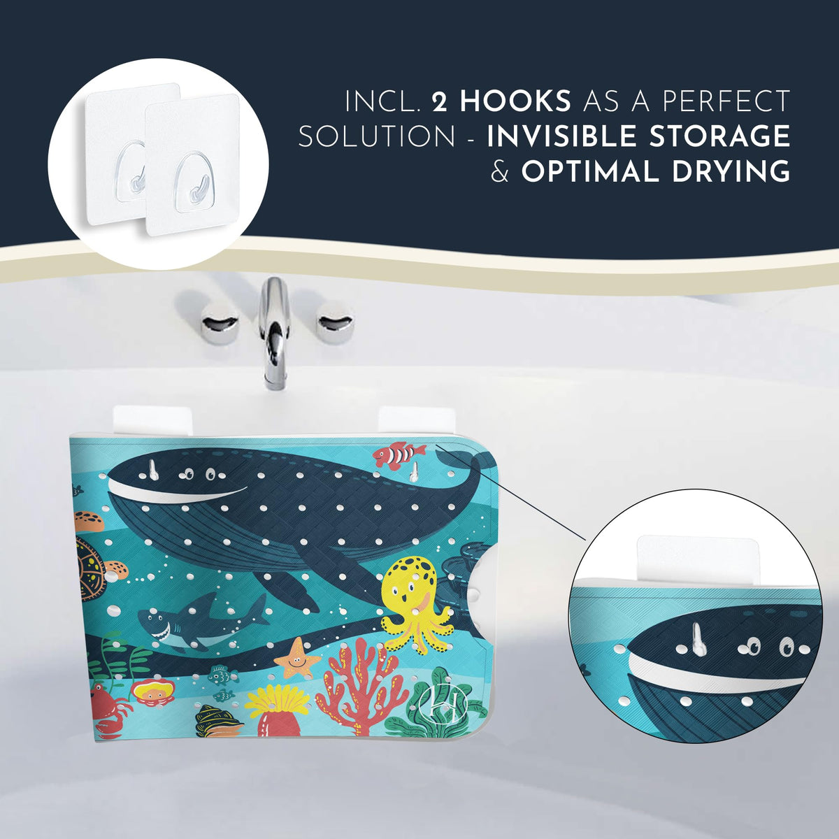 Homerella bath mat with self-adhesive hooks for fast air-drying.