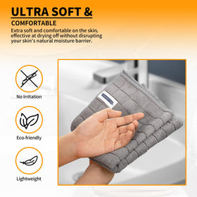 HOMERHYME lint-free grey towels keep surfaces clean and comfortable.
