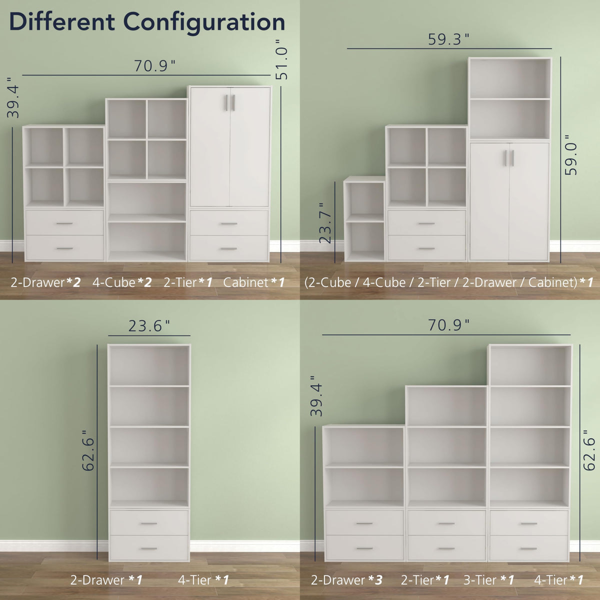 Closed storage doors hide clutter for a clean, minimal look.