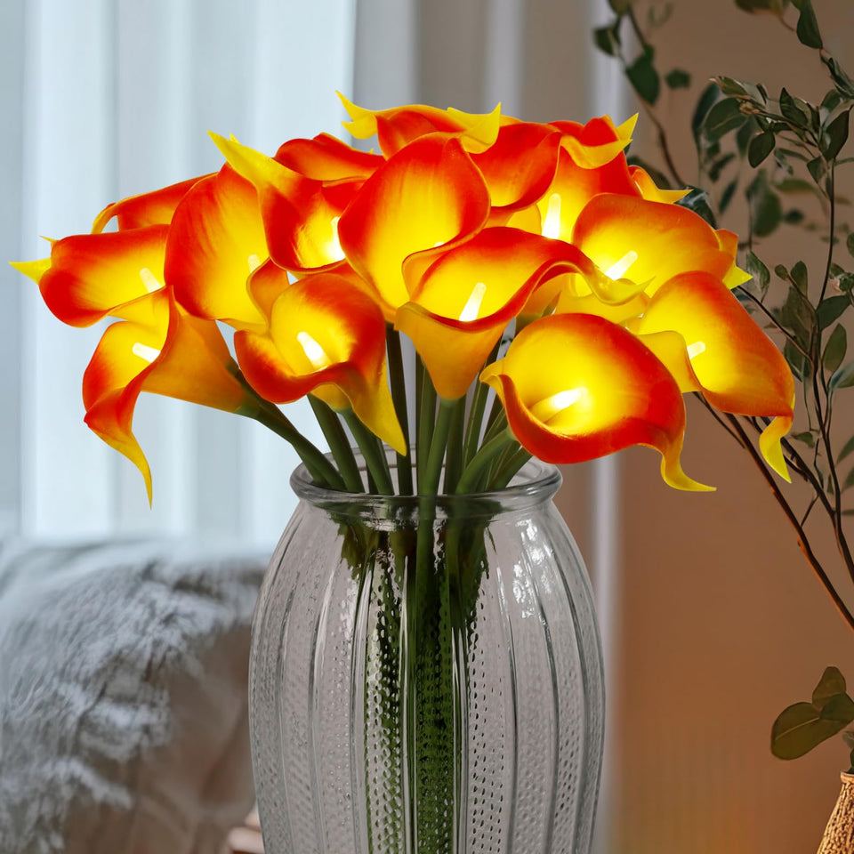HOMESEASONS LED Calla Lily Bouquet with 20 orange lights for cozy ambiance.