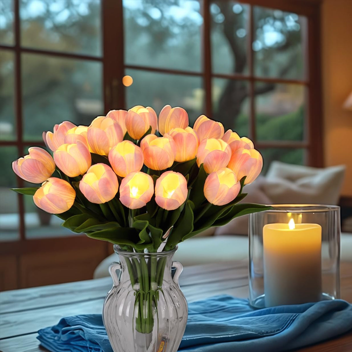 HOMESEASONS LED tulips on dining table provide warm, intimate lighting