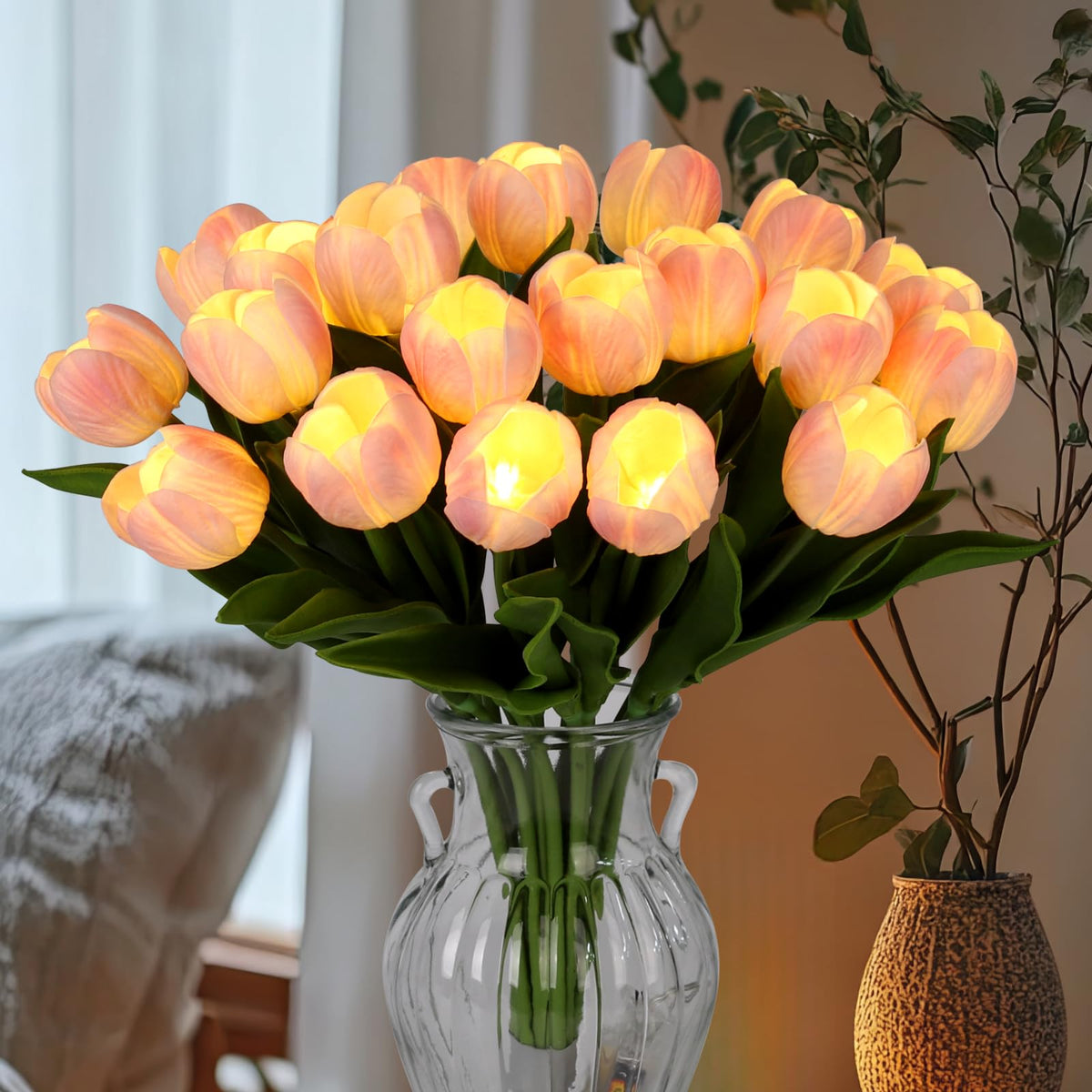 HOMESEASONS pink tulip light bouquet glows softly on a tabletop, adding romance