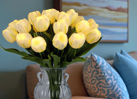 HOMESEASONS tulip stems are bendable for easy styling in vases.