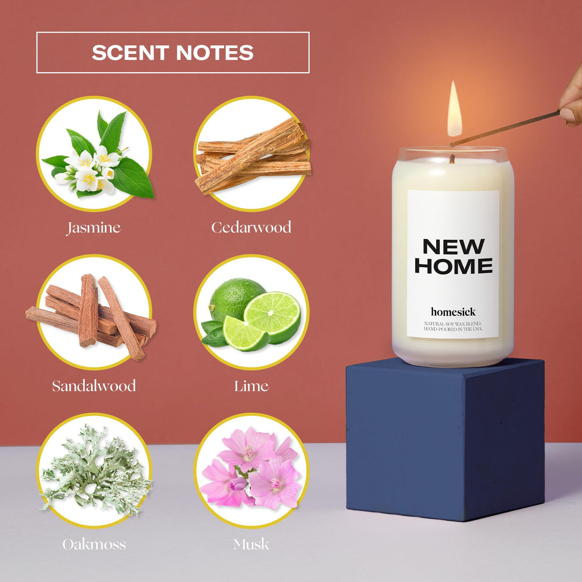 Homesick New Home candle with soy wax delivers a steady, long burn.