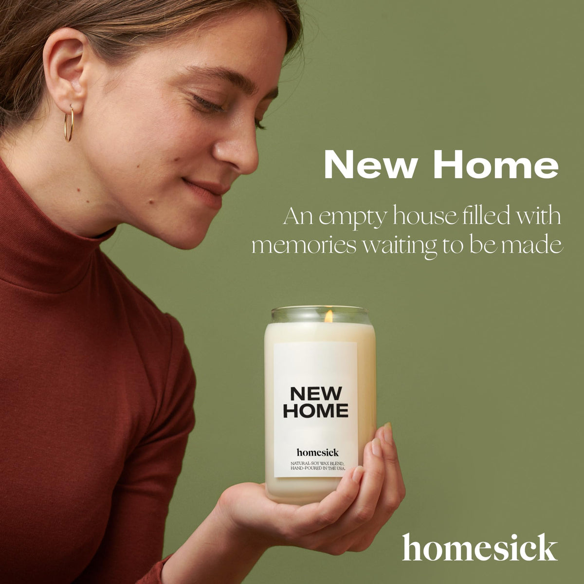 Homesick New Home candle close-up label highlights thoughtful housewarming gift.