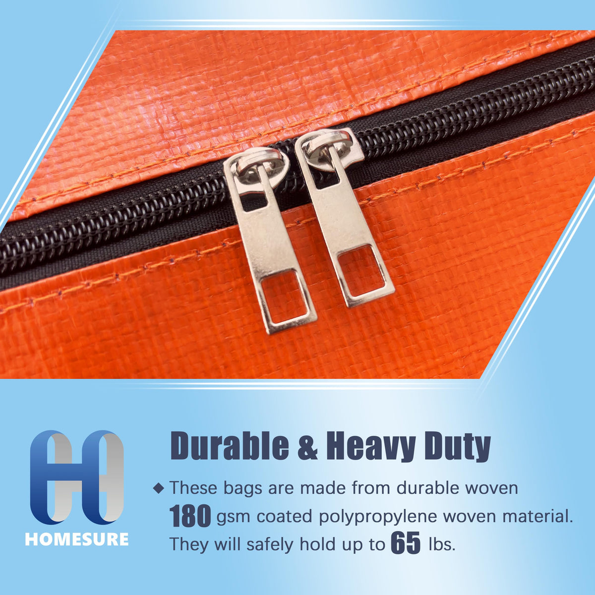 Close-up of reinforced zipper on Homesure bag highlighting durability.