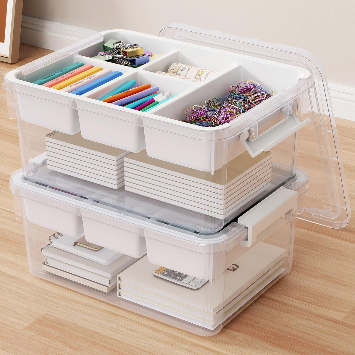 HOMETUK 40Qt stackable bins with lids and trays provide easy access while organizing crafts.