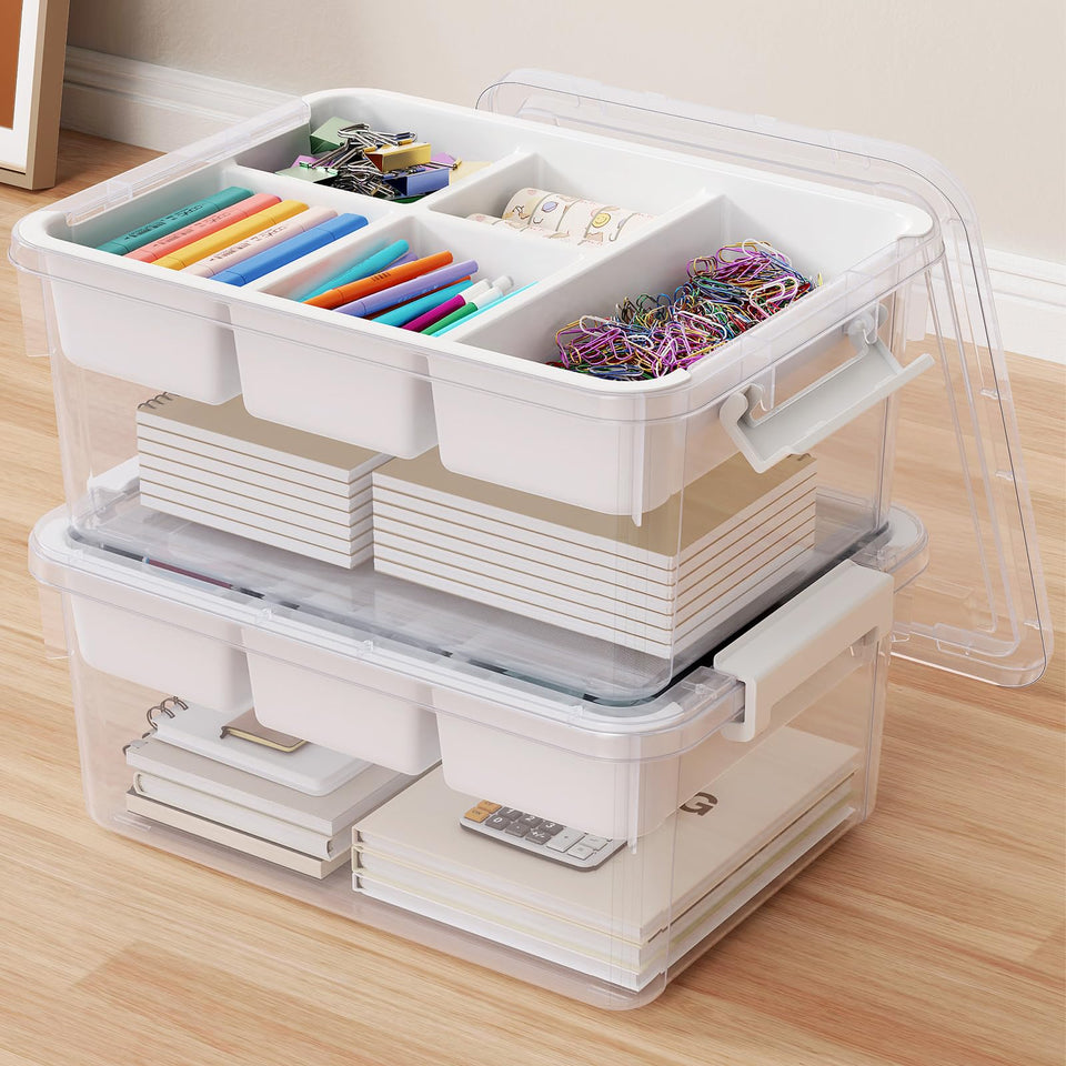 HOMETUK 40Qt stackable bins with lids and trays provide easy access while organizing crafts.
