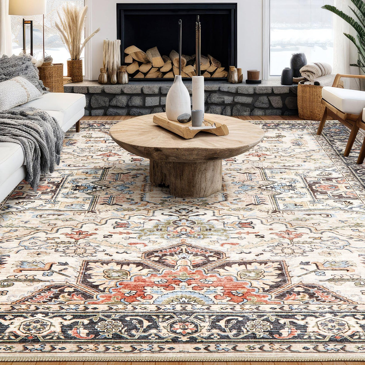Homewill area rug 5x7 living-room setup showcases durable style for high-traffic spaces.