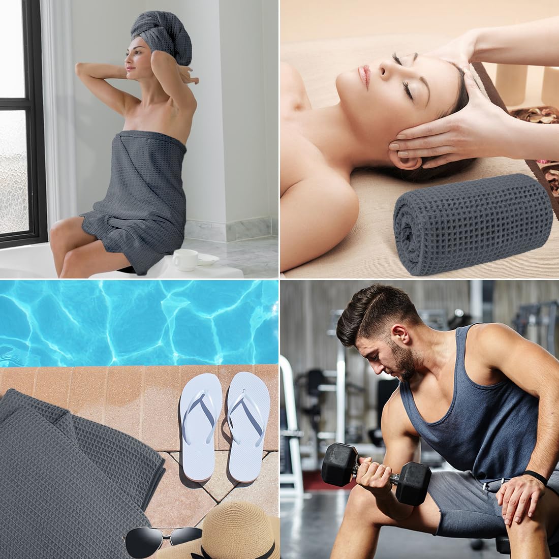HOMEXCEL waffle towel set four-pack display for versatile routines.