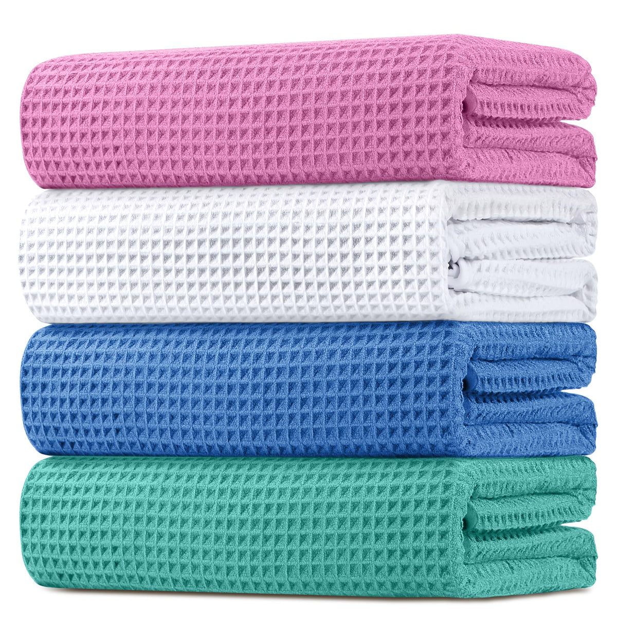 HOMEXCEL waffle towels four-pack front view, ultra-soft and lightweight for daily showers.