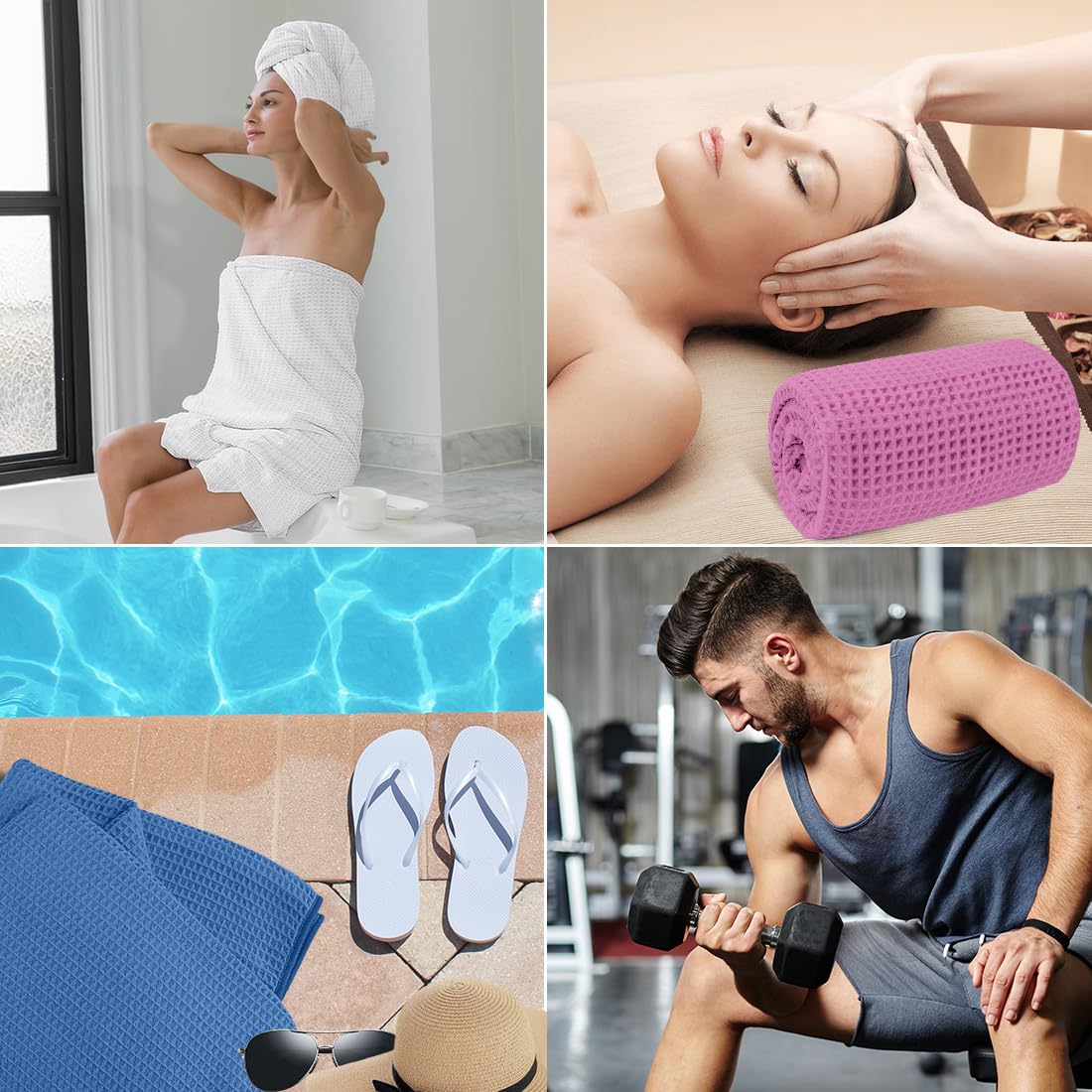 HOMEXCEL towel-care image illustrating easy machine washing and quick drying storage.