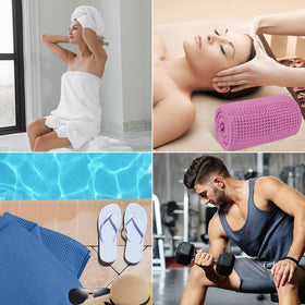 HOMEXCEL towel-care image illustrating easy machine washing and quick drying storage.