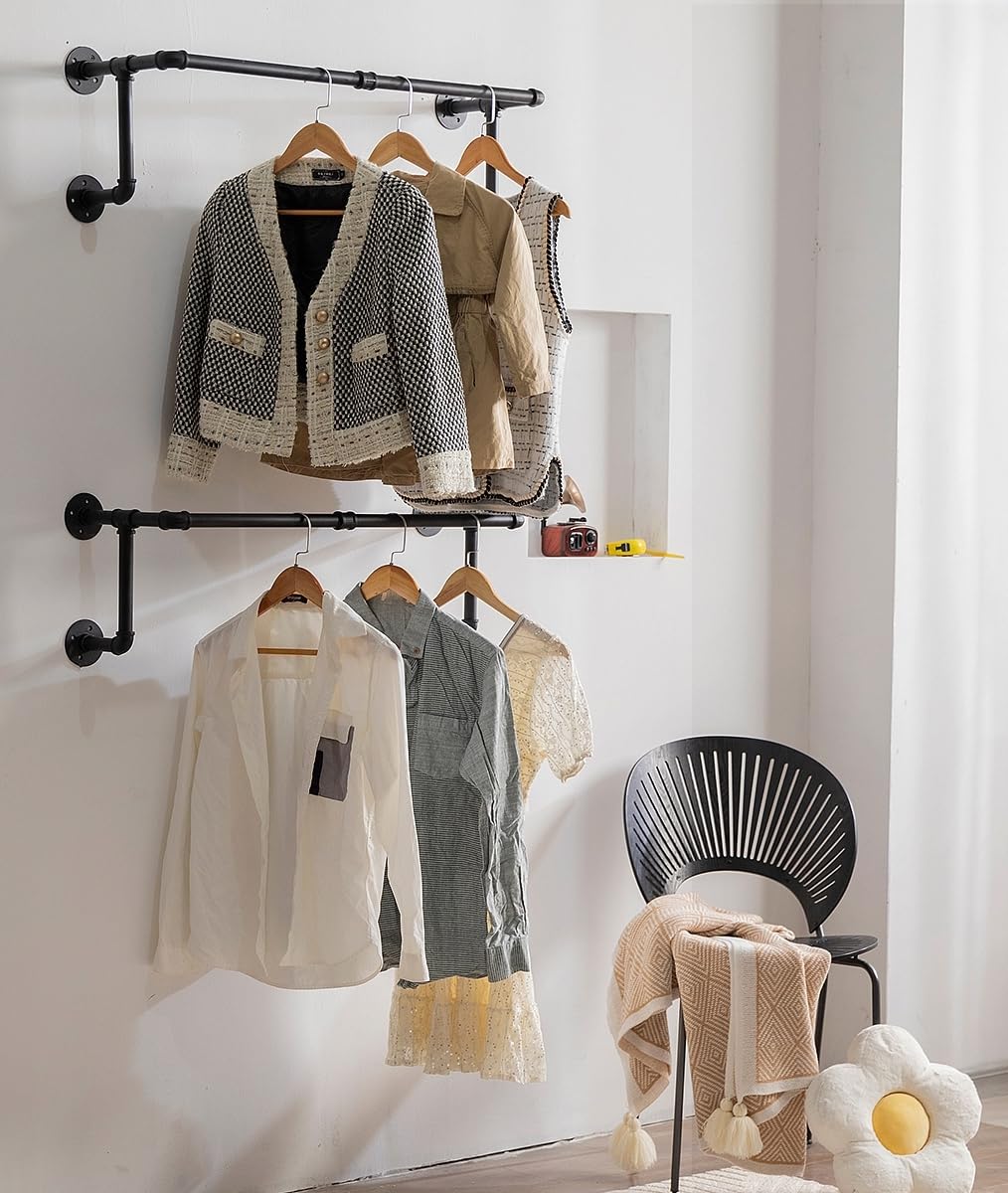 Homeyeeng heavy-duty black wall rack ideal for long garments and durable use.