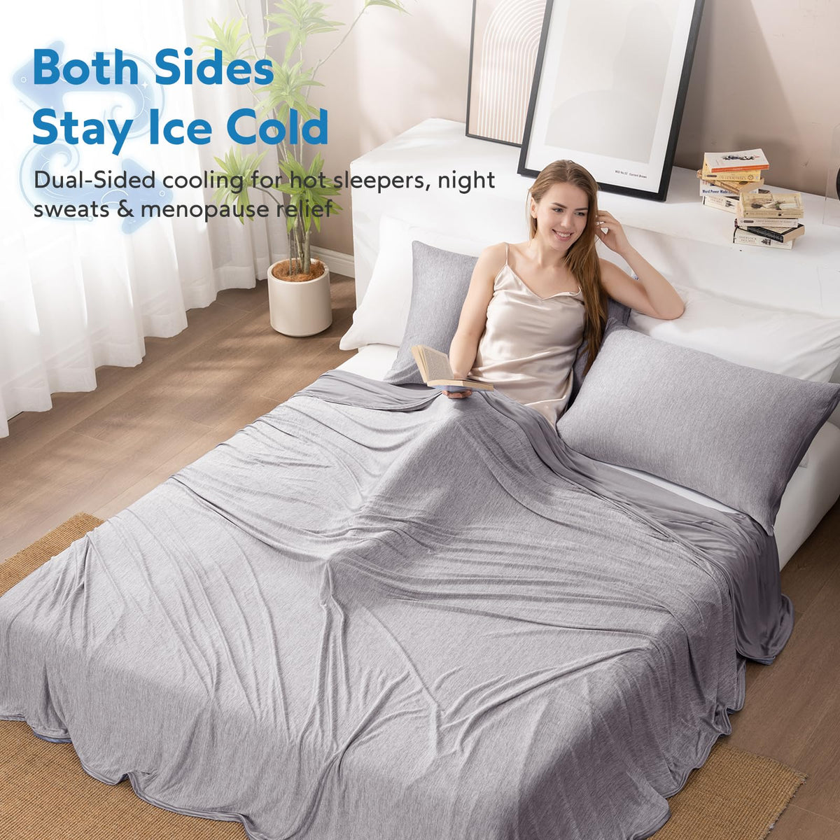 HOMFINE cooling blanket on bed shows generous 60 × 80 inch size.