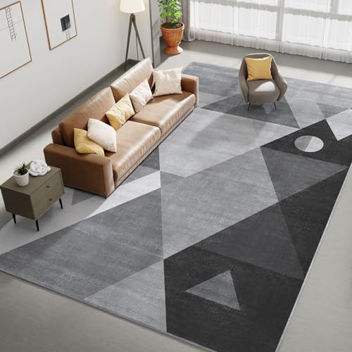 HOMFINE washable geometric grey rug in a living room, easy cleaning and modern style.