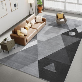 HOMFINE washable geometric grey rug in a living room, easy cleaning and modern style.