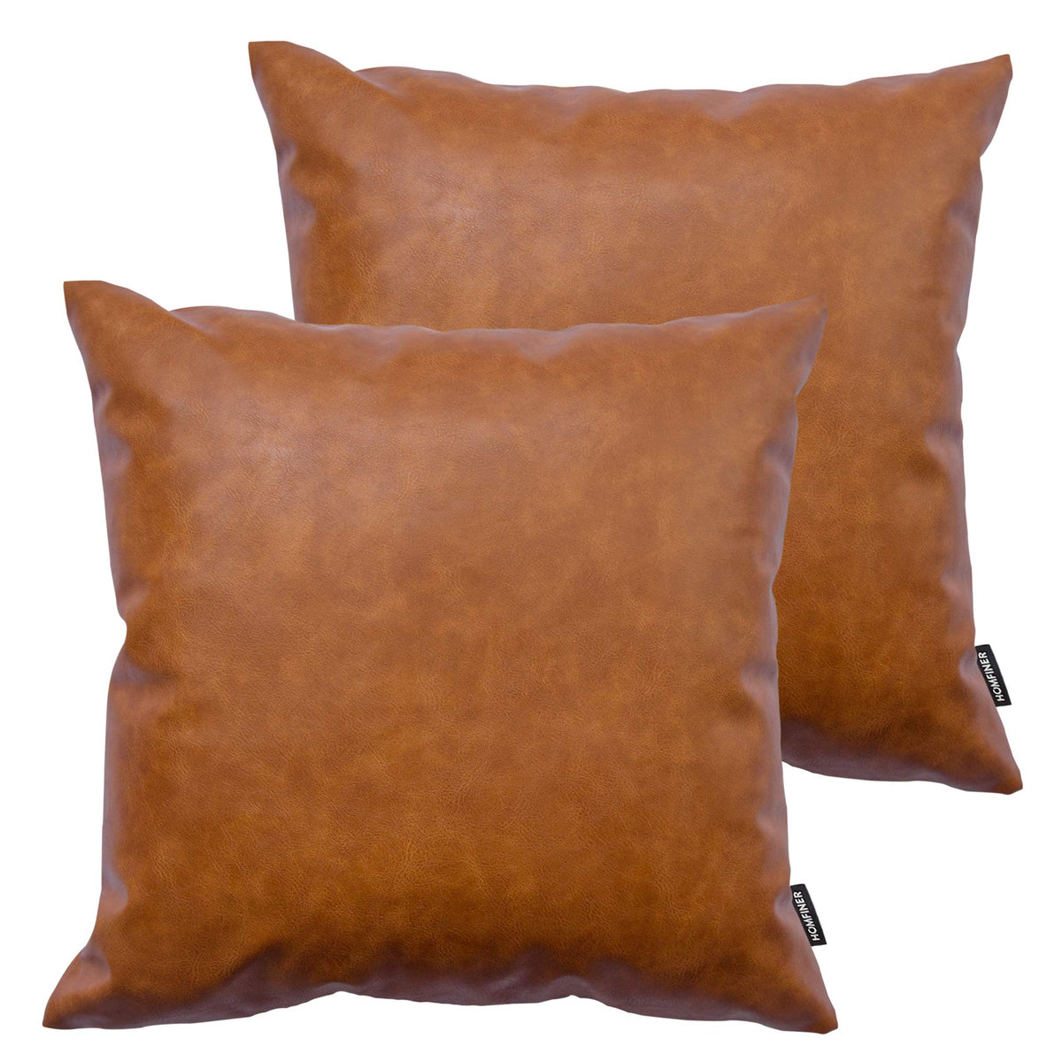 HOMFINER faux leather pillow cover in cognac brown adds modern texture to any sofa