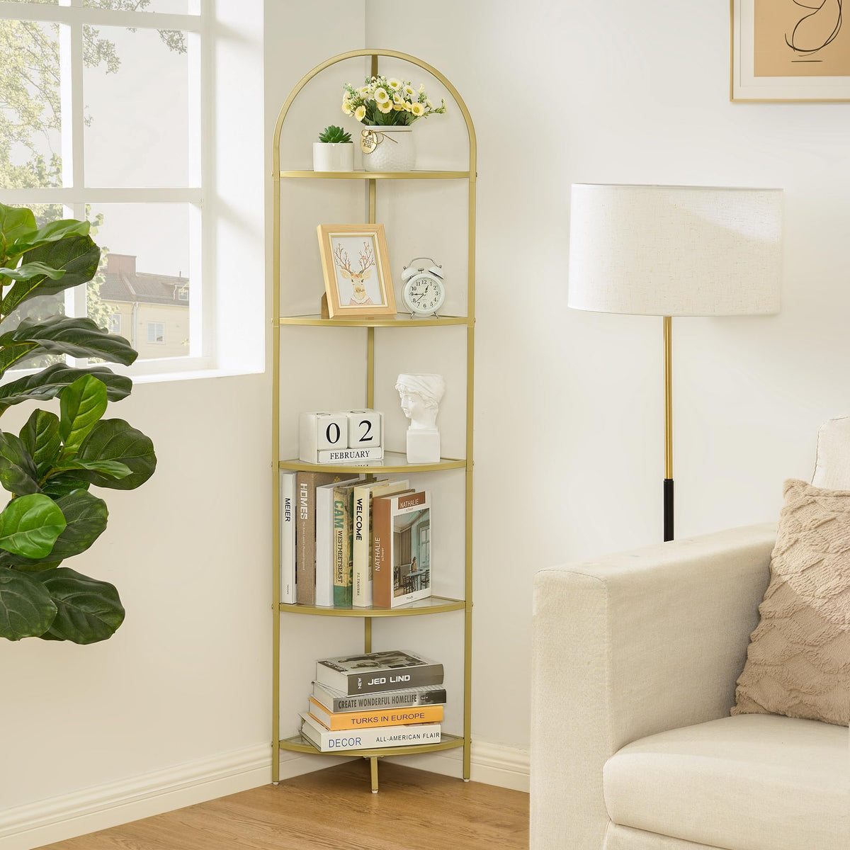 Homhedy 5-tier corner shelf with golden finish adds stylish storage and display.