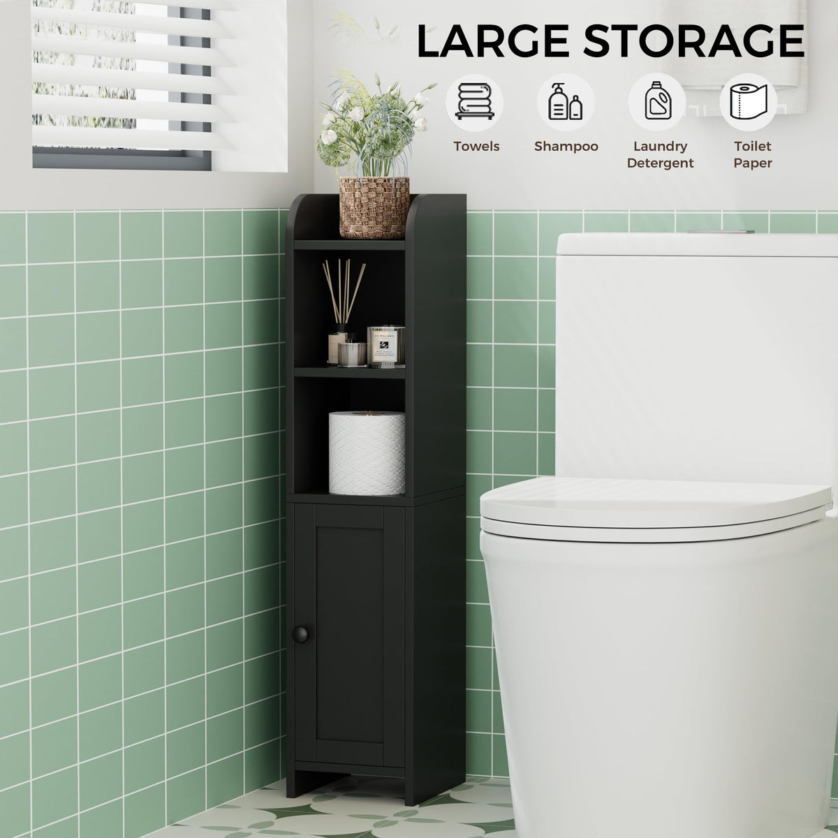 Toilet brush compartment within the Homhedy corner cabinet kept neatly out of sight