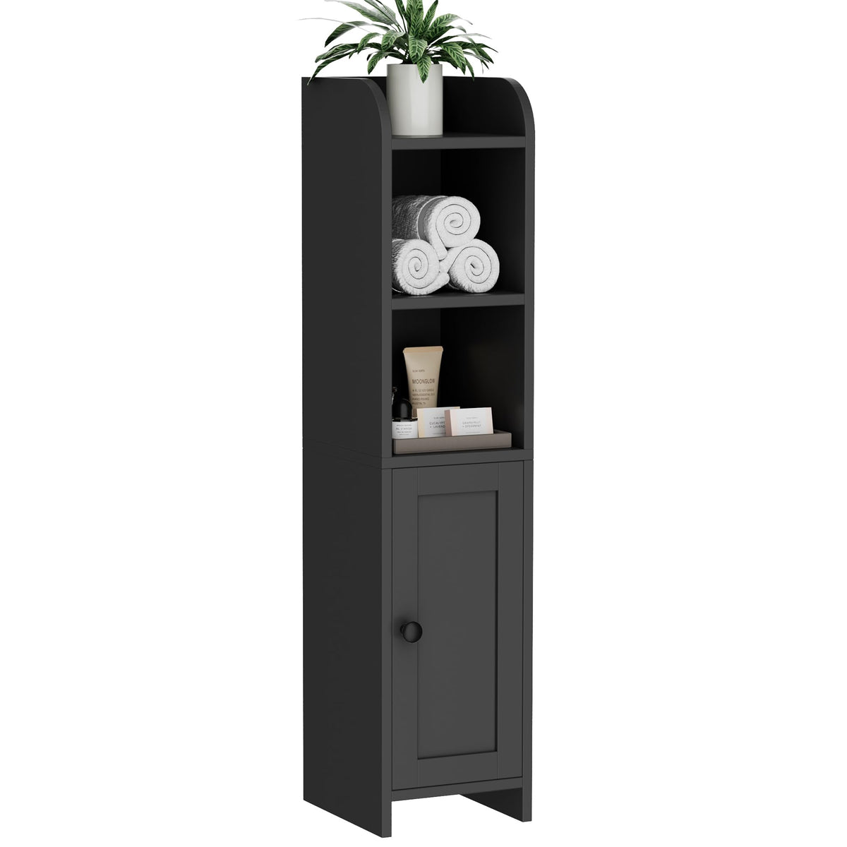 Homhedy corner bathroom cabinet with door open showing organized shelves for towels and products