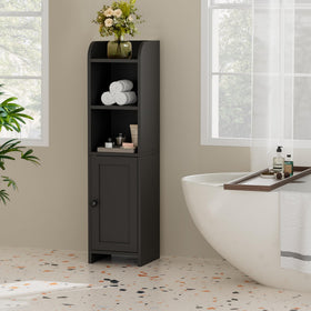 Interior shelves of the Homhedy corner cabinet holding bath essentials