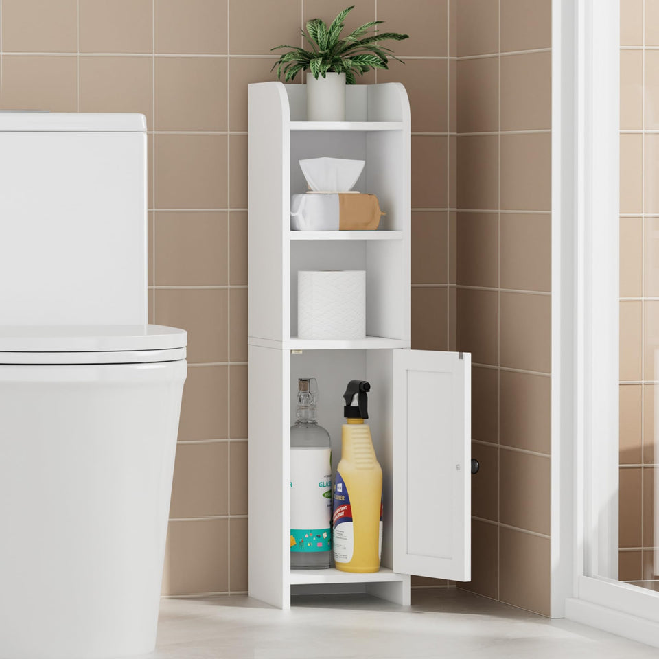 Homhedy corner cabinet front view shows compact, space-saving design for small bathrooms.