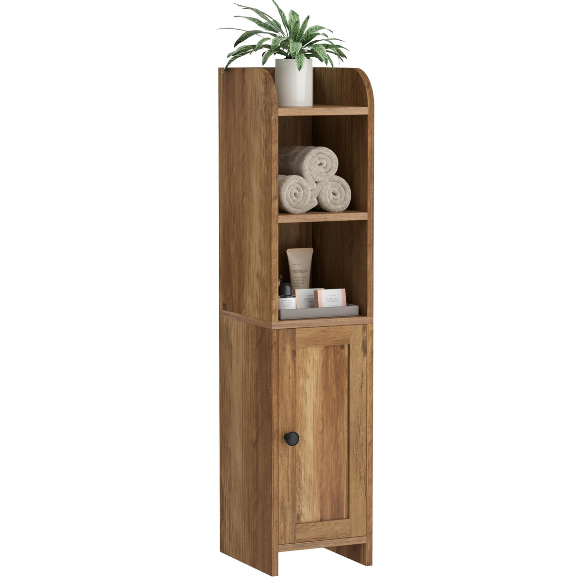 Homhedy corner storage cabinet in rustic walnut showing closed-door storage