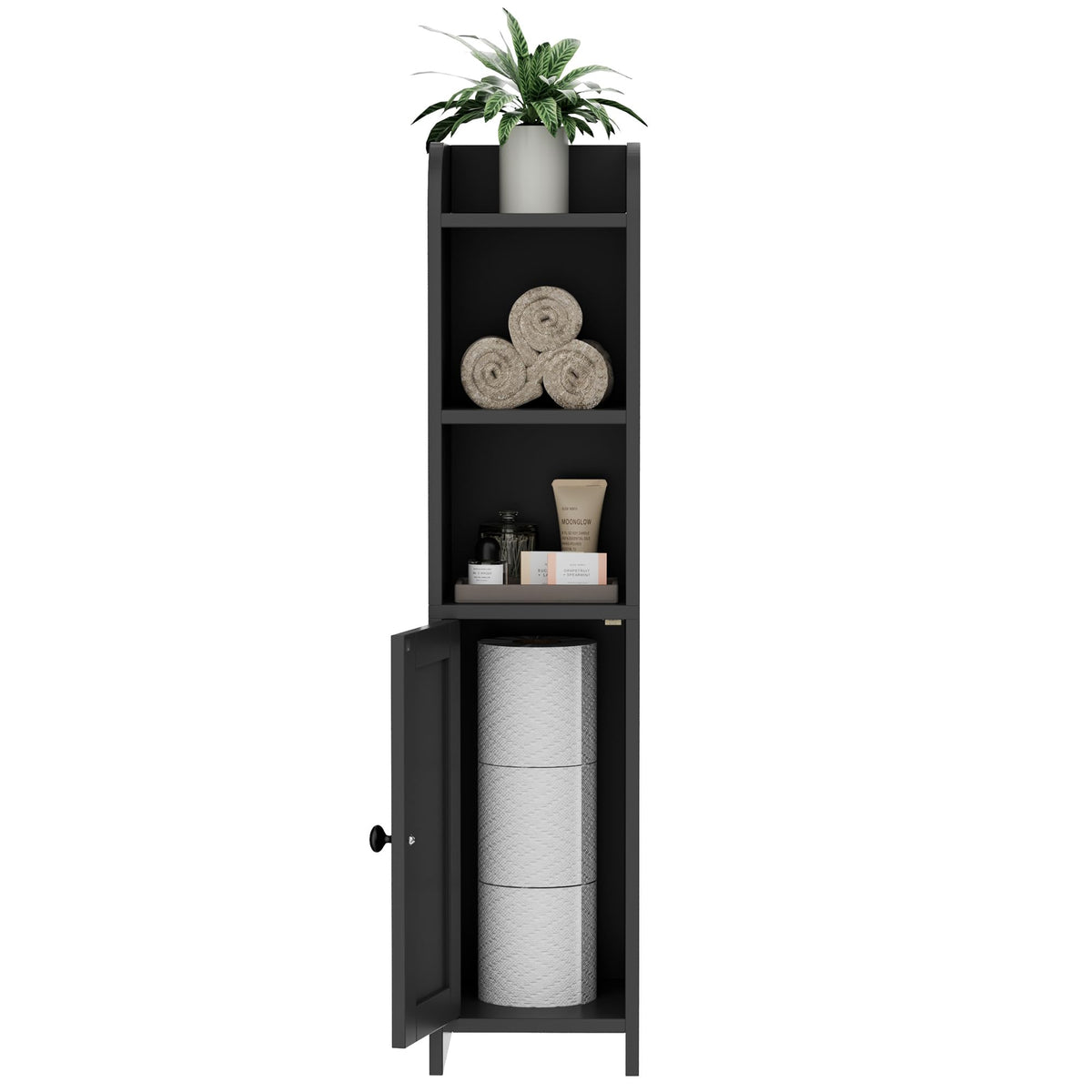 Sturdy, durable black-finish Homhedy corner cabinet in a modern bathroom