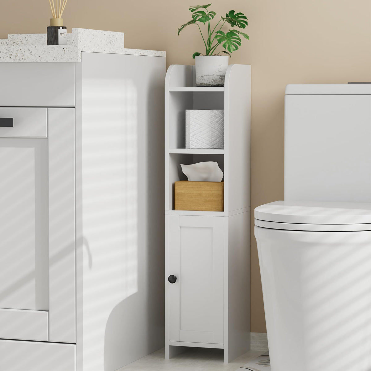 Homhedy white corner cabinet front view highlighting space-saving design.