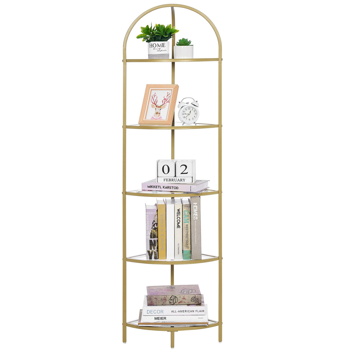 Homhedy glass-and-steel shelf system offers a sleek, versatile storage solution.