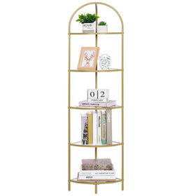 Homhedy glass-and-steel shelf system offers a sleek, versatile storage solution.