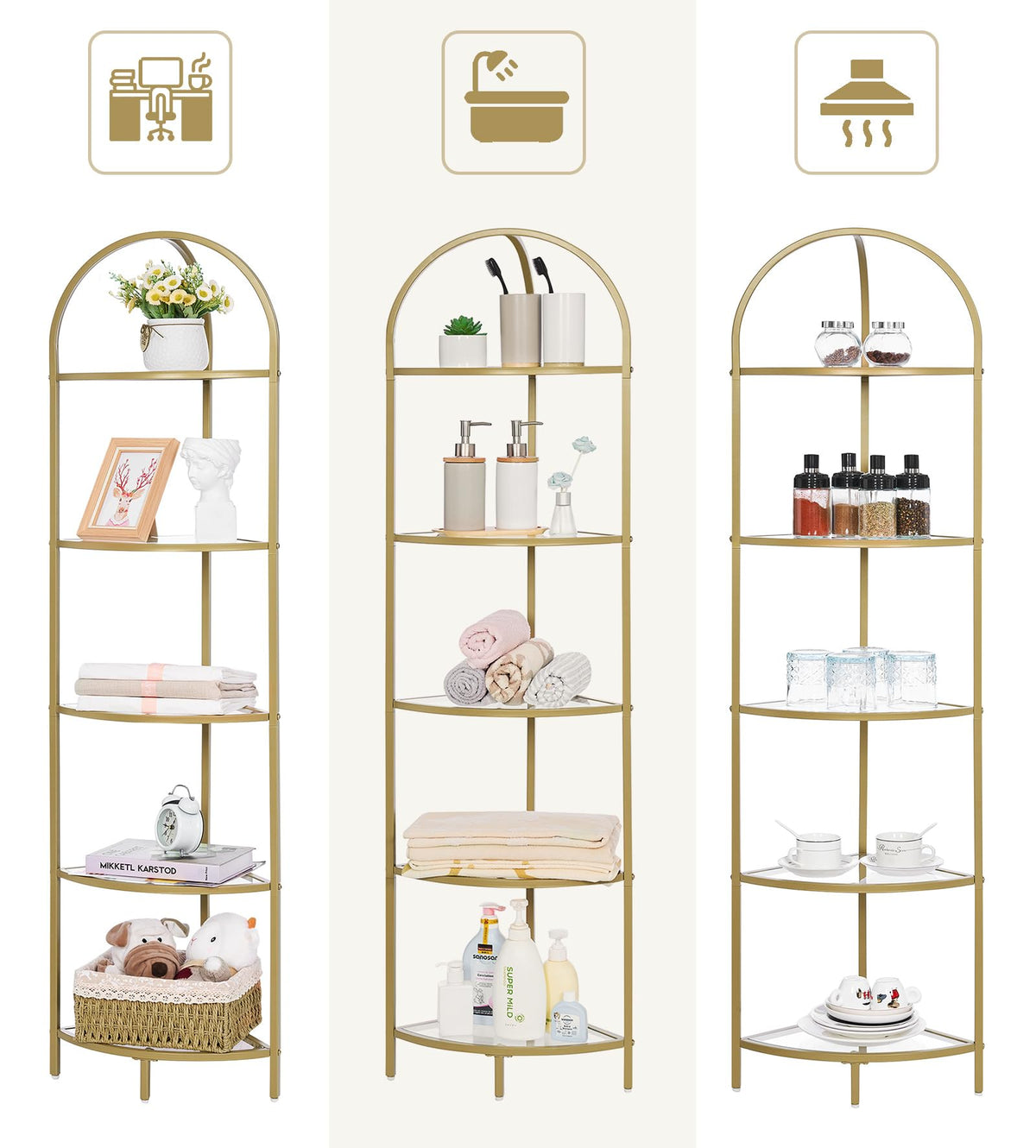Homhedy corner bookshelf with tempered glass shelves for durable, chic organization.