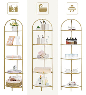 Homhedy corner bookshelf with tempered glass shelves for durable, chic organization.