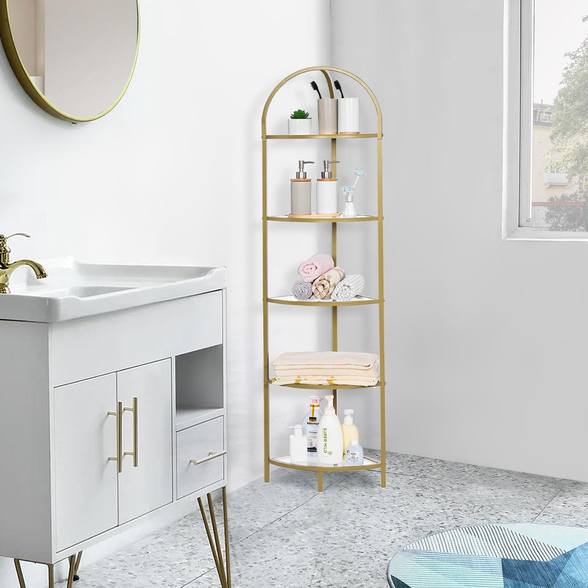 Homhedy plant stand elevates greenery on a compact corner display.